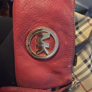 Michael Kors Red Pebbled Leather Wristlet with Silver MK Logo